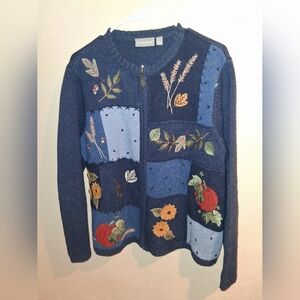Croft & Barrow Vintage Fall  Cardigan Pumpkin Sunflower Leaves Thanksgiving L